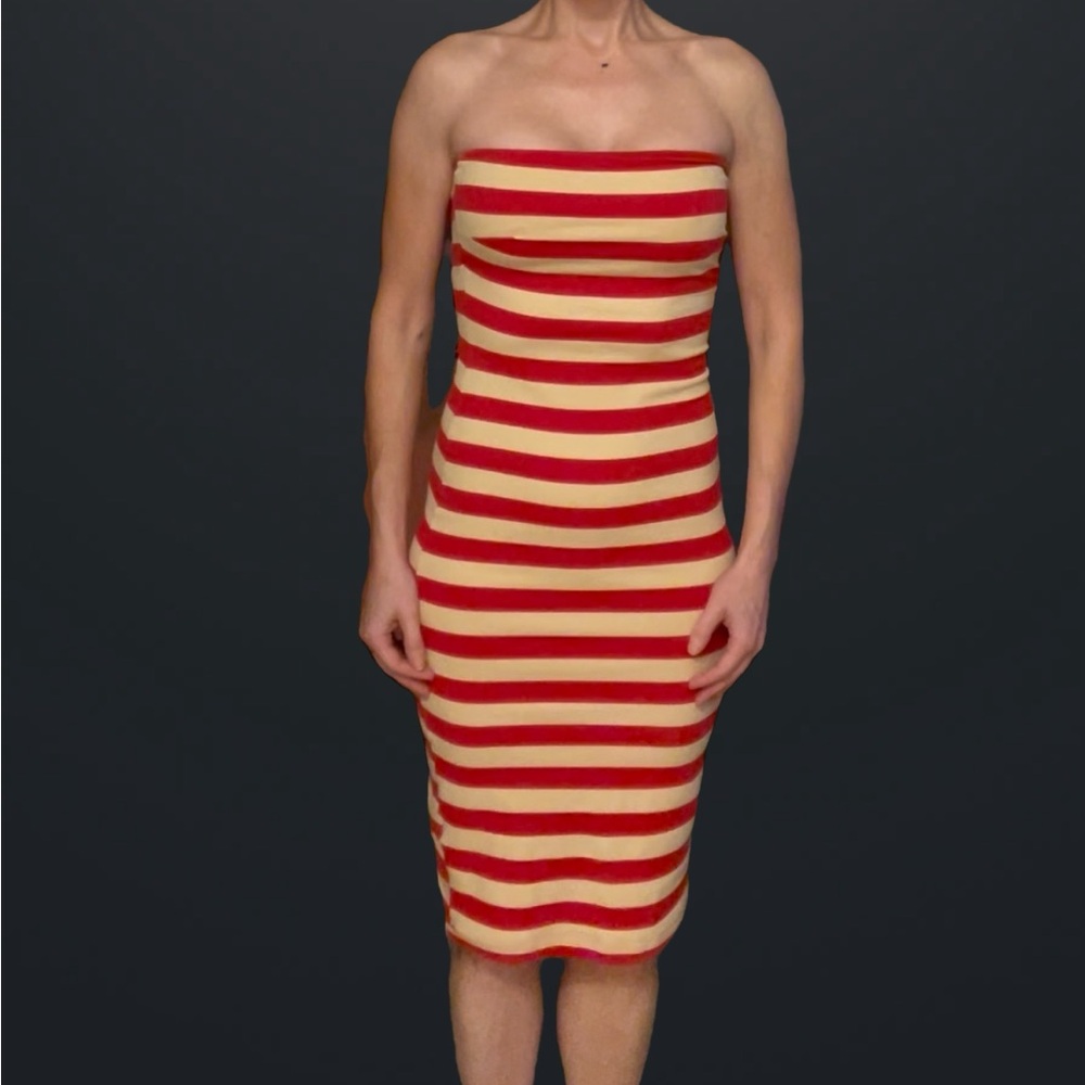 bebe Red and Tan Strapless Dress